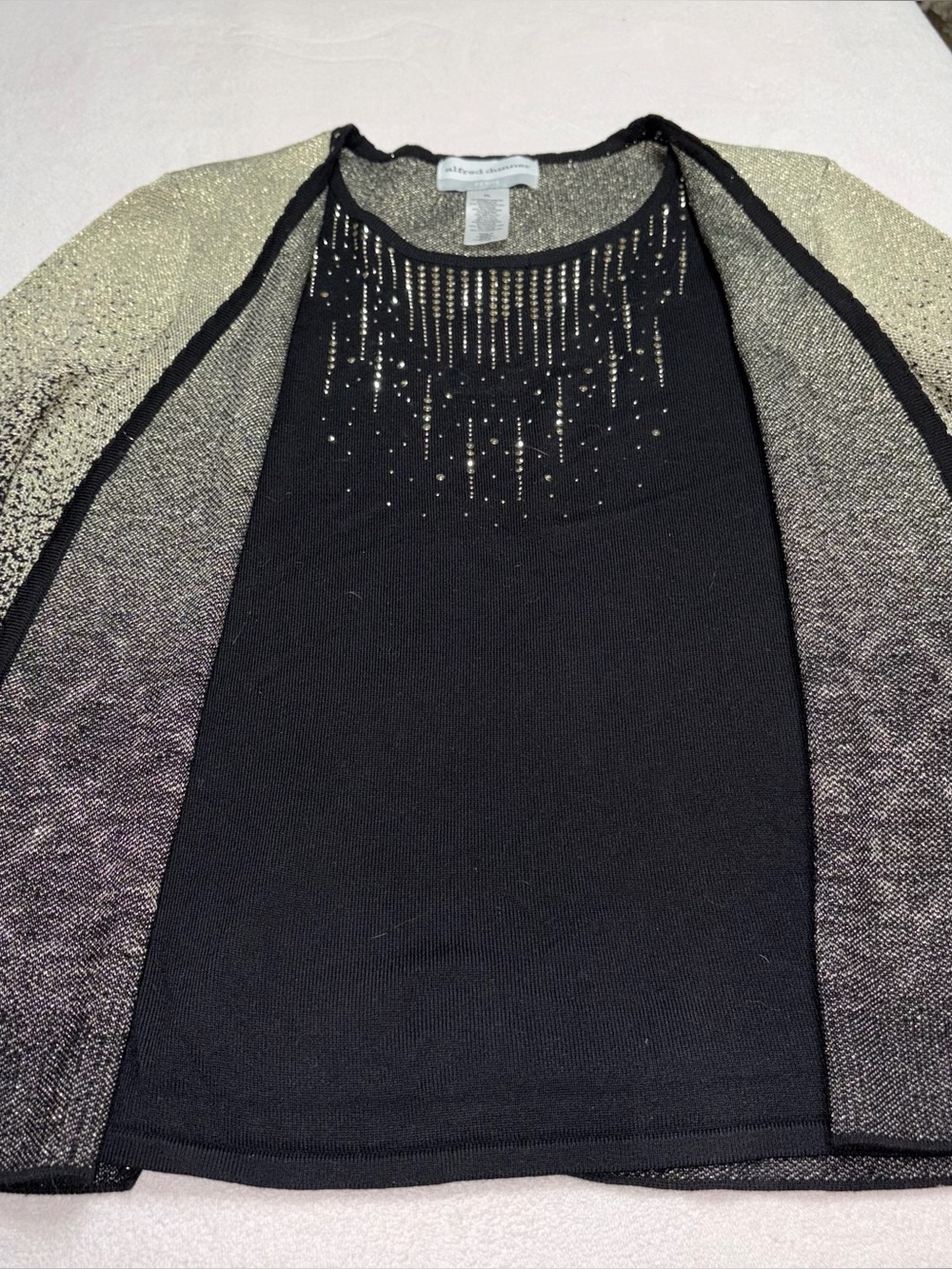 Alfred Dunner Black Sweater with Gold-Accent Sleeves and Embellished Neck